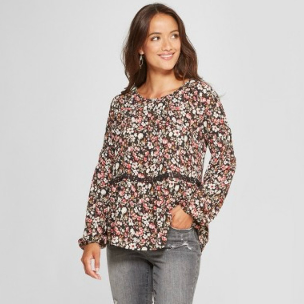 Knox Rose Floral Embroidered Peasant Top Women’s Size XL Tassel Tie Back Boho